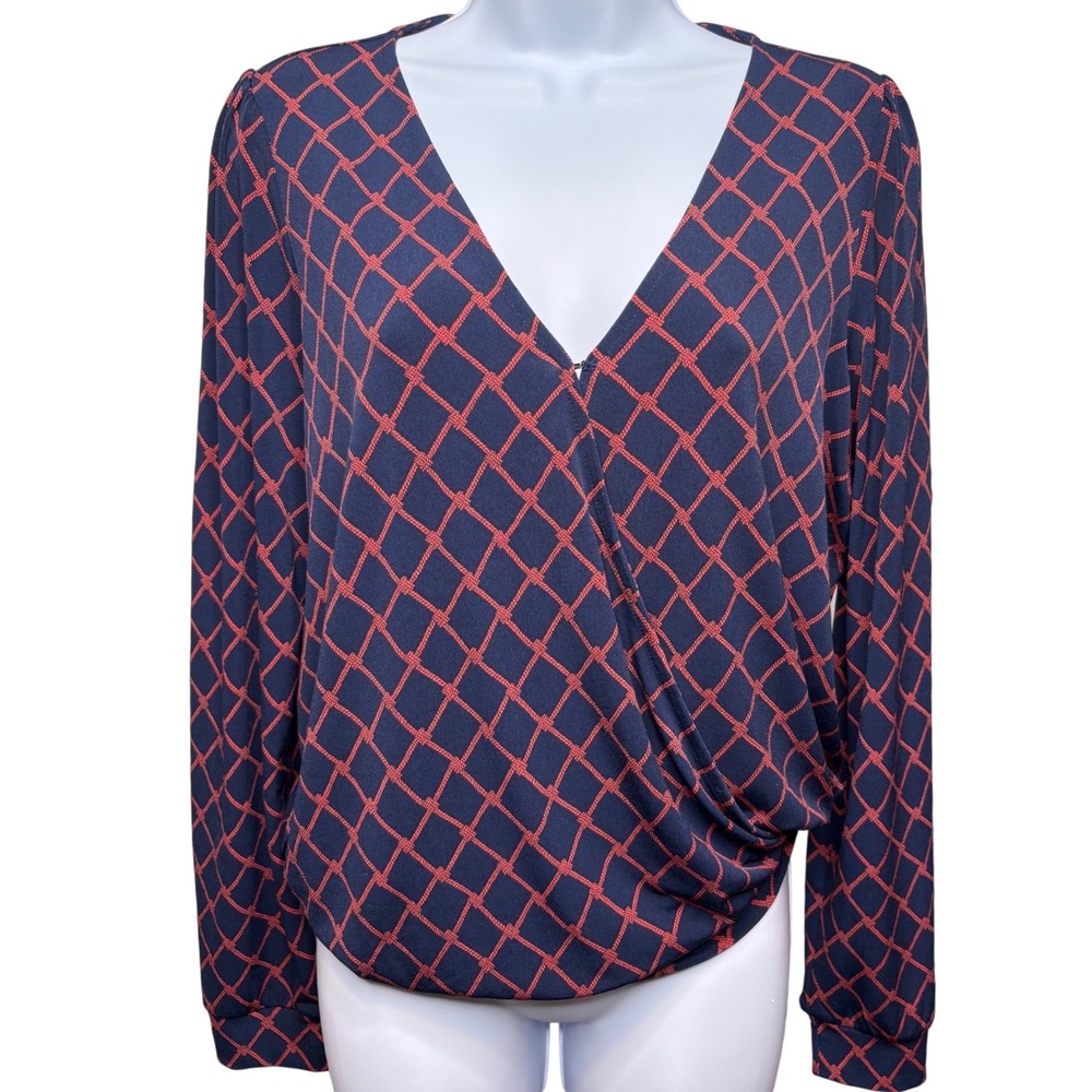 BANANA‎ REPUBLIC Blue Red Geometric Wrap Long Sleeve Blouse M Preppy Office-Chic